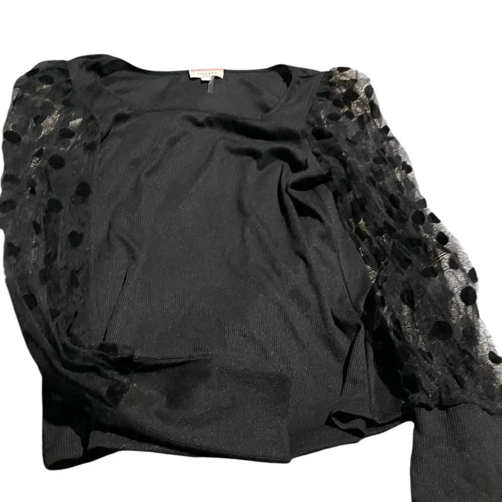 Andree by Unit Elegant Black Top with Sheer Polka Dot Sleeves size large